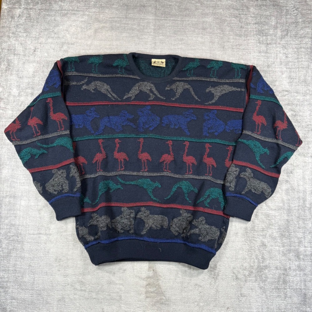 Vintage Hysport Australia Sweater Mens 22 Blue Wool Kangaroo Emu Intarsia Animal